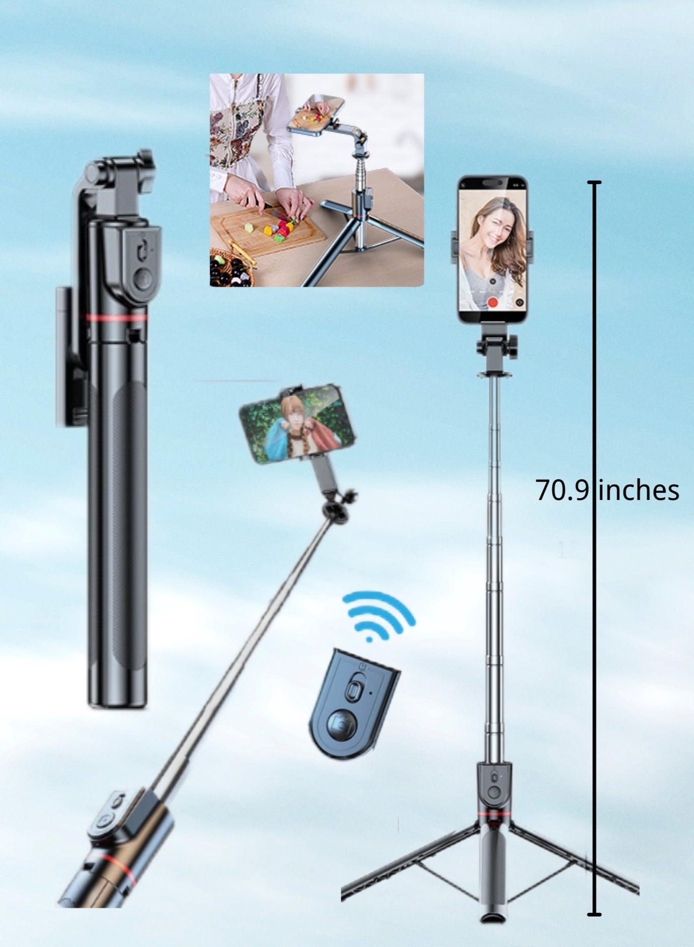 70.86-Inch Cell Phone Selfie Stick Tripod, Phone Tripod Stand All-in-1 With Wireless Remote,100% All Aluminum Stick And Legs,Lightweight, Phone Tripod For iPhone 16/15 Series, Galaxy S24, GO Pro,Digital Camera,Portable Lightweight Travel Tripod perfect for travel, video blogs, videos and photos